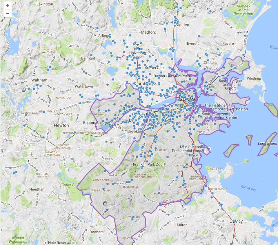 FIGURE 3-4: Carsharing Availability in Greater Boston: This map shows the location of carsharing vehicles in the Greater Boston Area.